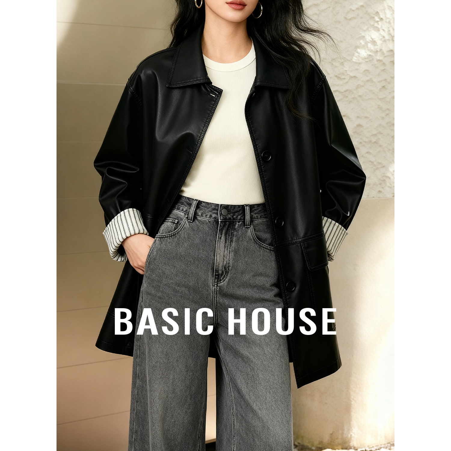 Basic House/百家好条纹拼接PU皮外套女25秋新款宽松翻领夹克上衣