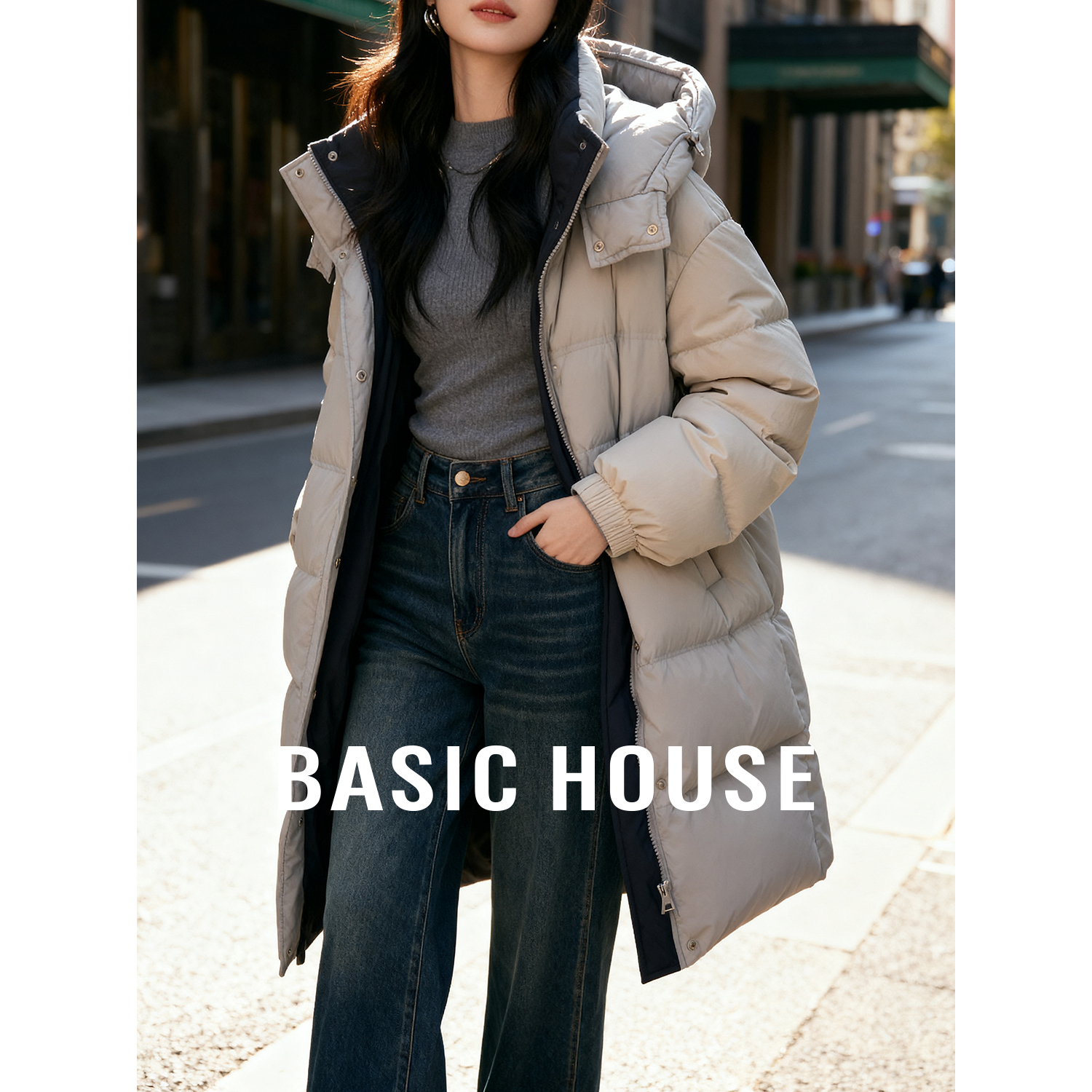 Basic House/百家好中长款连帽羽绒服女冬季新款加厚保暖慵懒外套