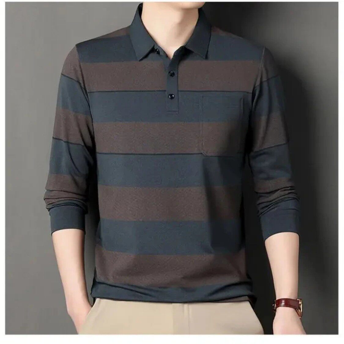 浩魁专柜品质春秋新款男士长袖T恤休闲薄款翻领POLO打底条纹男装