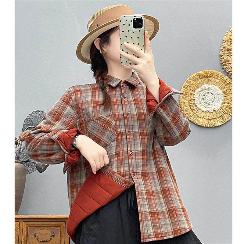 梦雅工厂长袖夹棉加厚格子冬季衬衫宽松显瘦复古上衣文艺双层衬衣