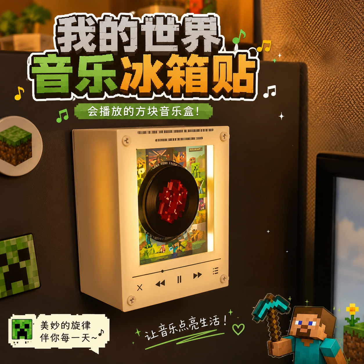 Minecraft Music Fridge Magnet MC Pixel Style Playback Music Magnetic Record Player Creative Desktop Ornament