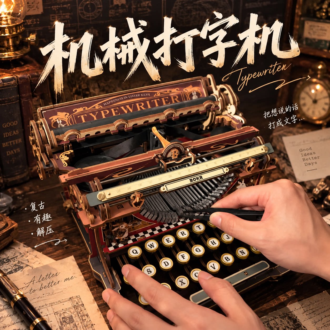 复古机械打字机拼装模型木质DIY手工玩具可打字桌面装饰创意摆件图片