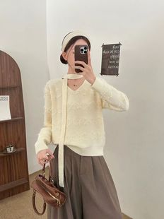 法式温柔风挂脖飘带针织毛衣女秋冬新款气质流苏毛边设计感上衣女