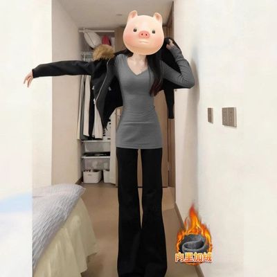 灰色羽绒服内搭加长打底衫女秋冬季修身中长款遮屁股上衣加绒加厚