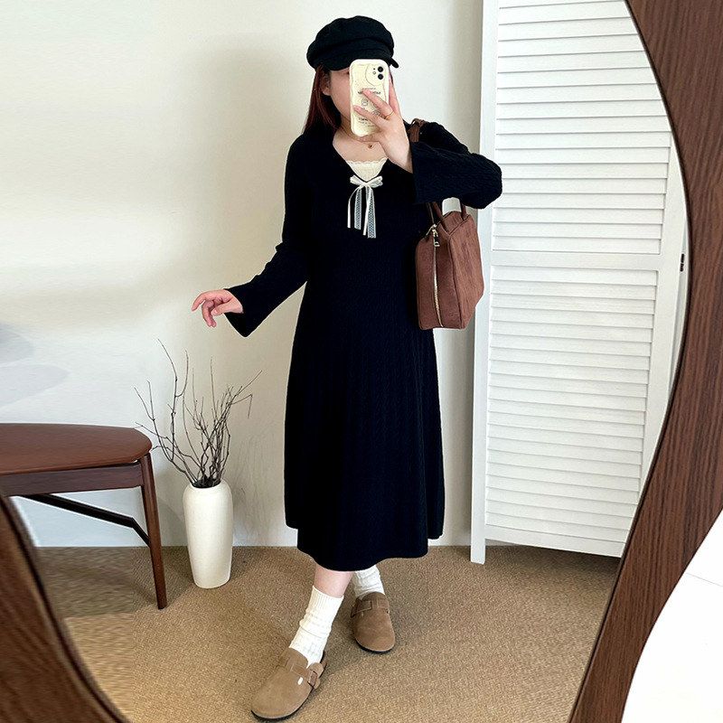 大码女装蕾丝蝴蝶结假两件连衣裙女毛衣裙2025冬胖mm针织裙23361