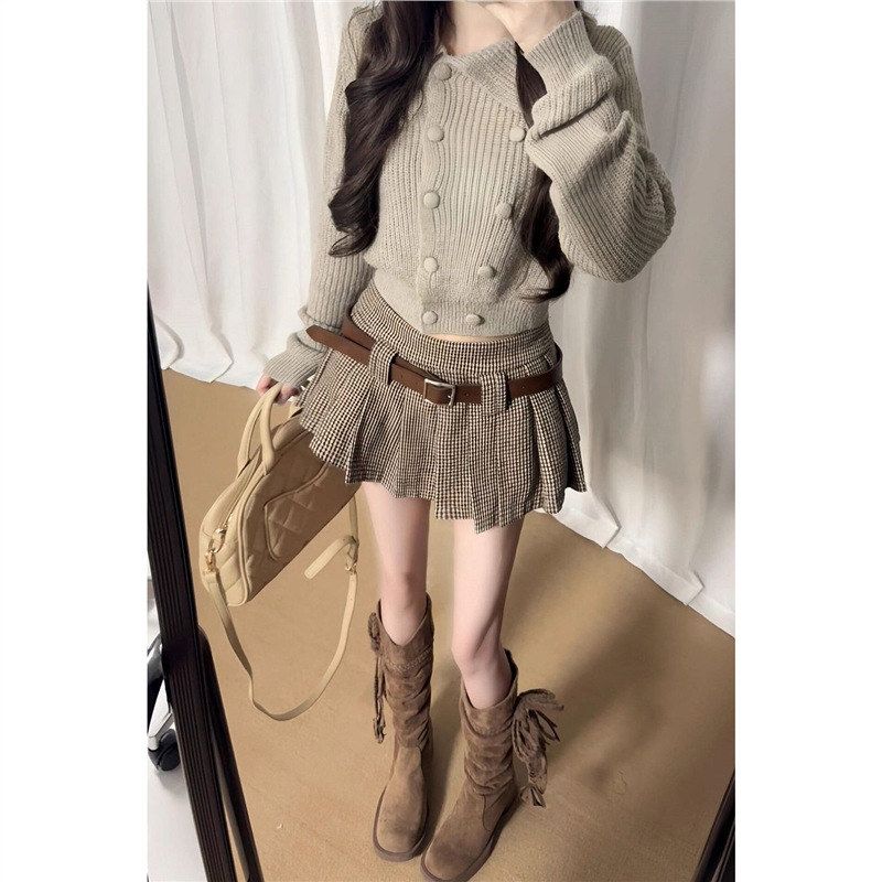 套装女2025秋冬季纯欲风辣妹设计感短款针织开衫外套半身裙两件套