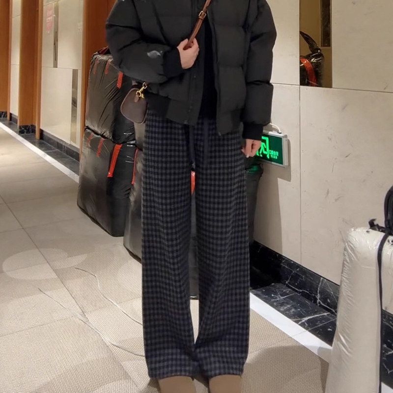 JJ2025秋冬毛呢格子宽松休闲卫裤女