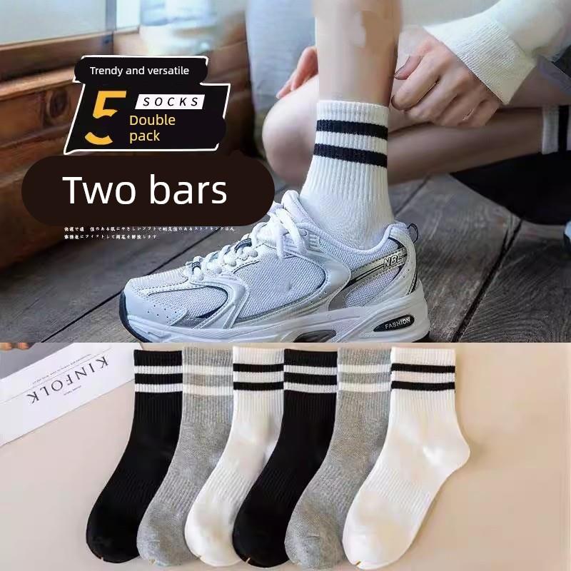 袜子女春秋款中筒袜纯棉纱线防臭外穿女士运动风两条杠黑白色长袜