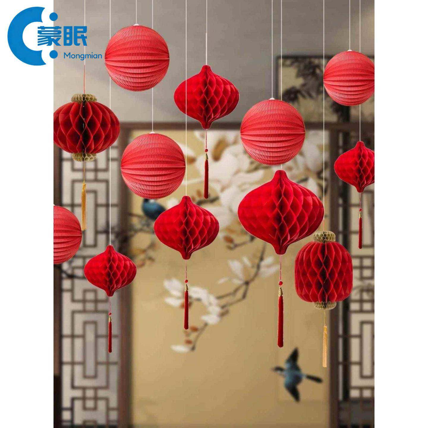 元旦装饰中式春节珠宝店氛围装饰布置彩色葫芦灯笼吊顶挂件拍照背