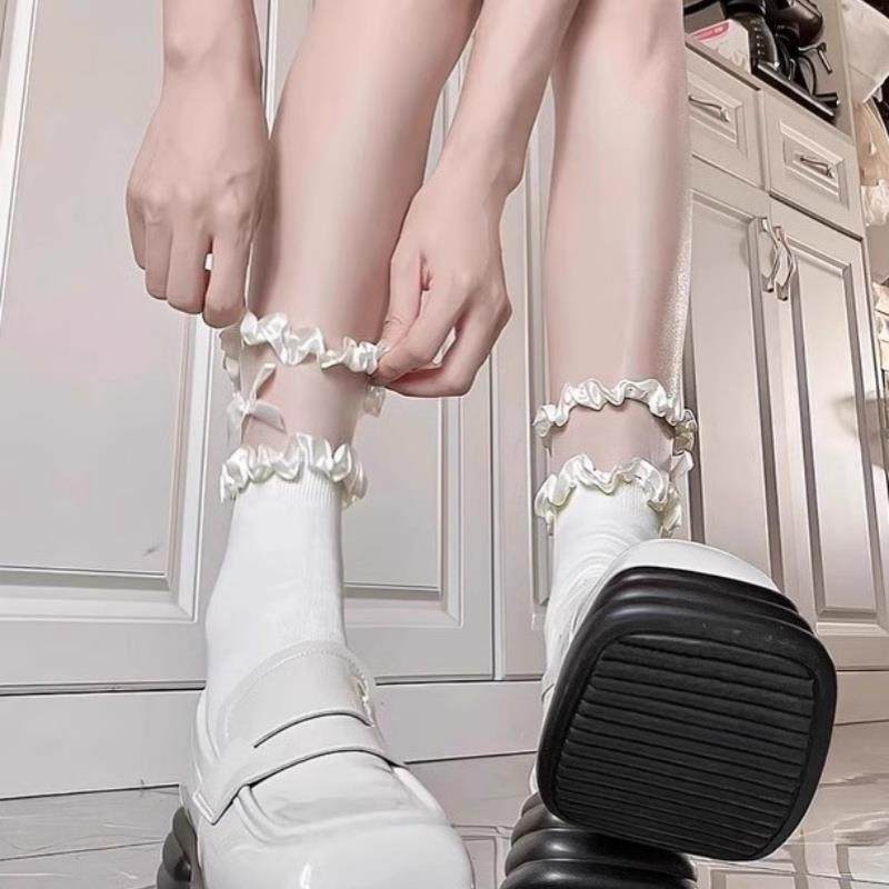 玛丽珍白色袜子女中筒春秋JK蕾丝花边小腿棉袜甜美洛丽塔公主短袜