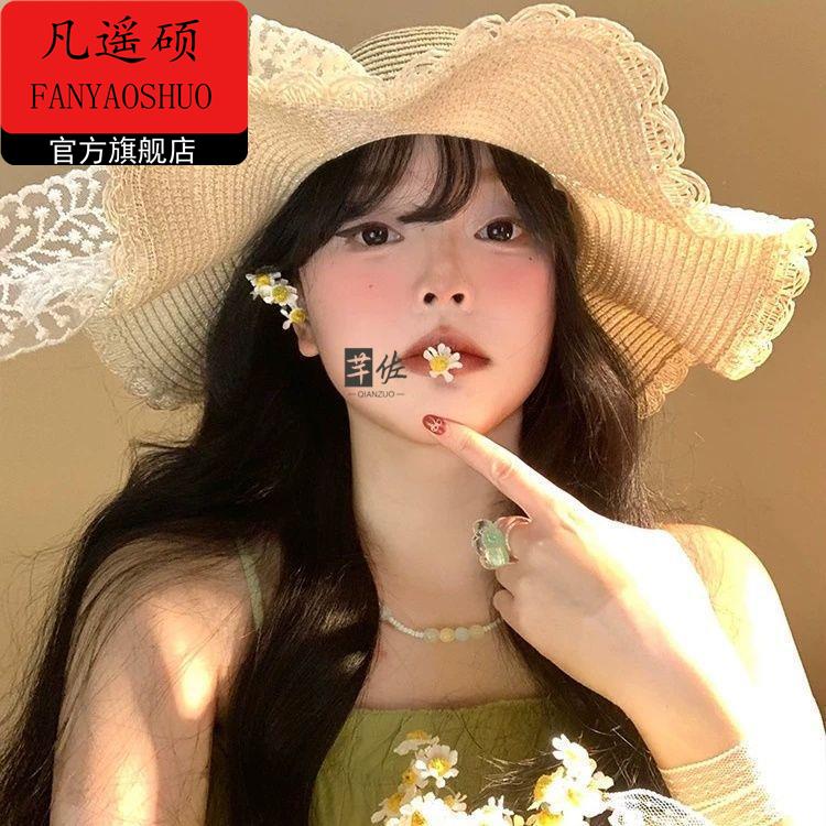 海边沙滩波浪边大帽簷遮阳帽遮阳防晒帽子法式蕾丝蝴蝶结草帽女夏
