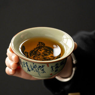 唯心造 老陶泥福虎生威品茗杯 陶瓷主人单杯中式汝窑开片可养茶杯