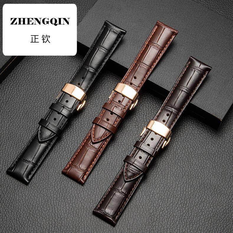 适用真皮表带男女款通用蝴蝶扣款手表配件竹节纹牛皮表带防水手表