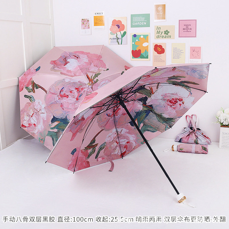 白玫瑰双层双面双花手动黑胶折叠防晒遮阳伞太阳伞两用晴雨伞女生