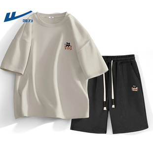 回力跑步运动短袖套装男青少年夏季休闲男士高级感男装短裤上衣服