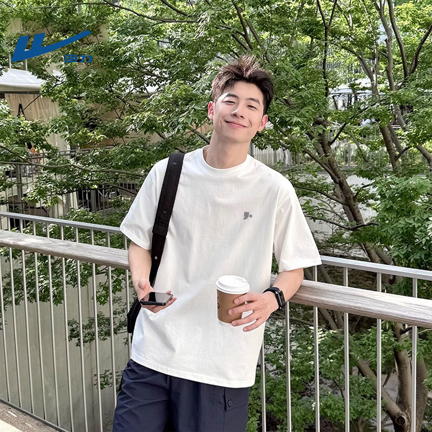 回力重磅纯棉白色短袖t恤男夏季宽松内搭五分袖青少年初中生上衣