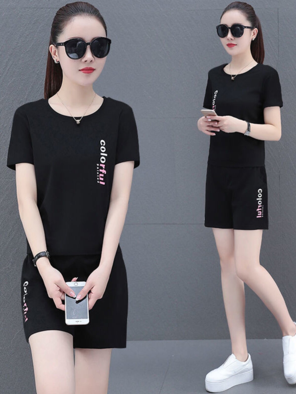 순수 코튼 캐주얼 정장 여성 여름 착용 새로운 느슨한 운동복 패션 반팔 반바지 대형 여성 투피스 유행 세트
