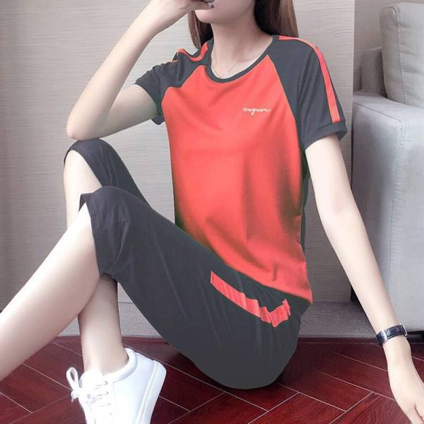 休闲运动套装女夏季2023年新款时尚大码减龄潮搭短袖七分裤两件套