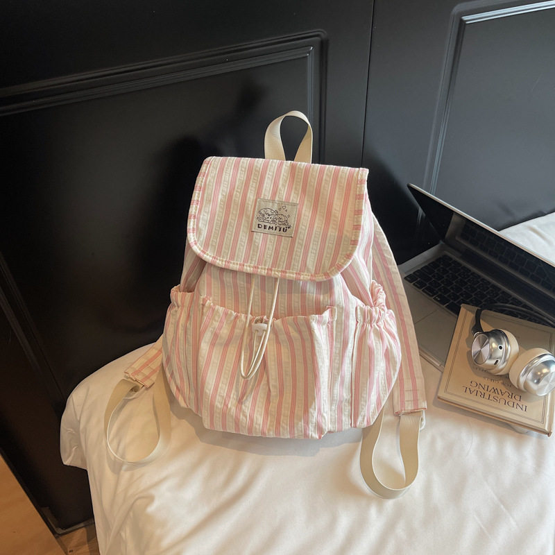 韩系格纹抽绳新款大容量学生通勤百搭背包女双肩旅游轻便小众轻便