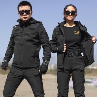 冬季黑色作训服套装加绒保安工作服棉服教官执勤服冲锋衣战训服男