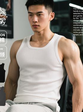 纯棉方领背心男款健身运动工字白色修身美式重磅螺纹男士外穿坎肩