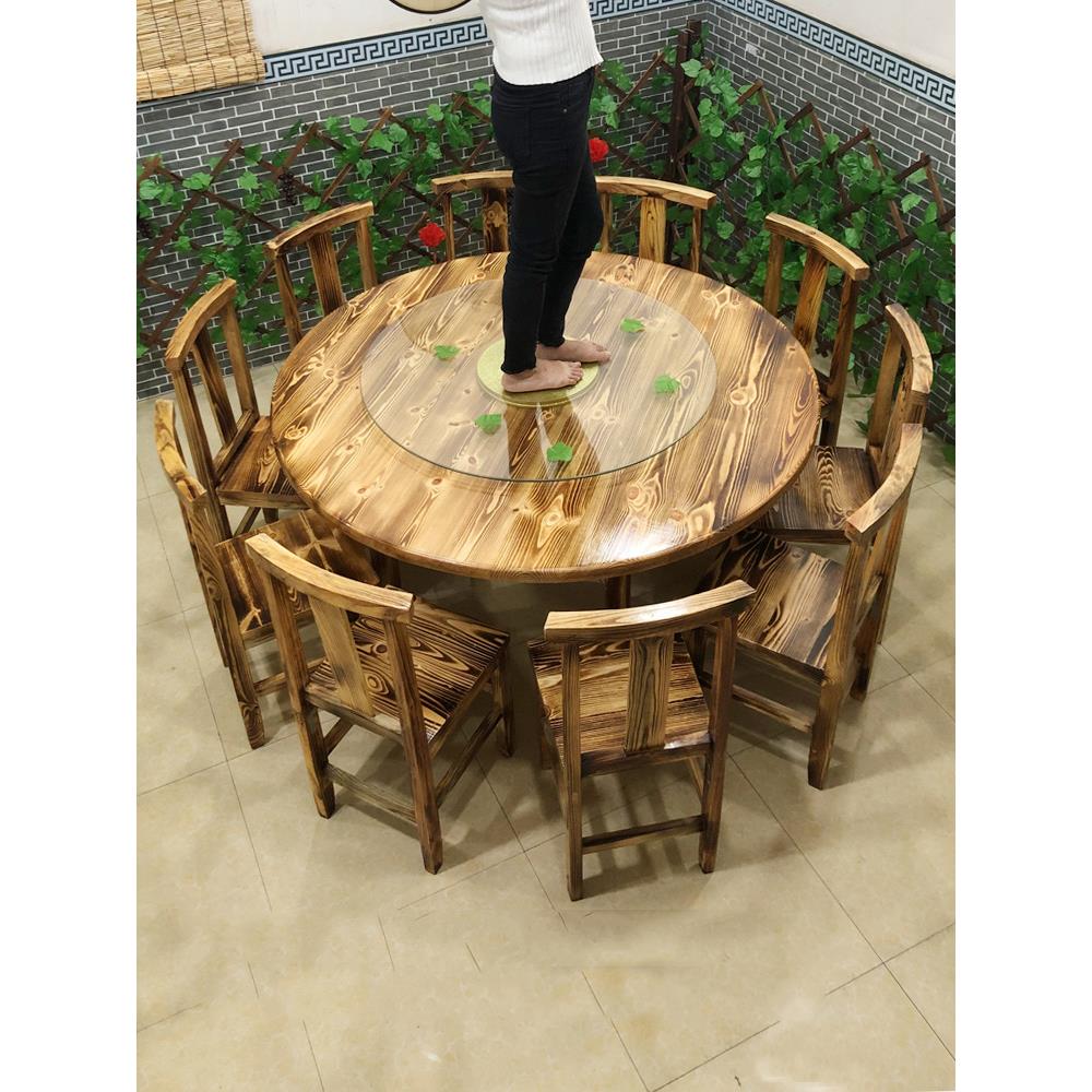 碳化实木饭店桌椅组合农家乐餐馆包厢大小圆桌大排档烧烤酒店桌椅