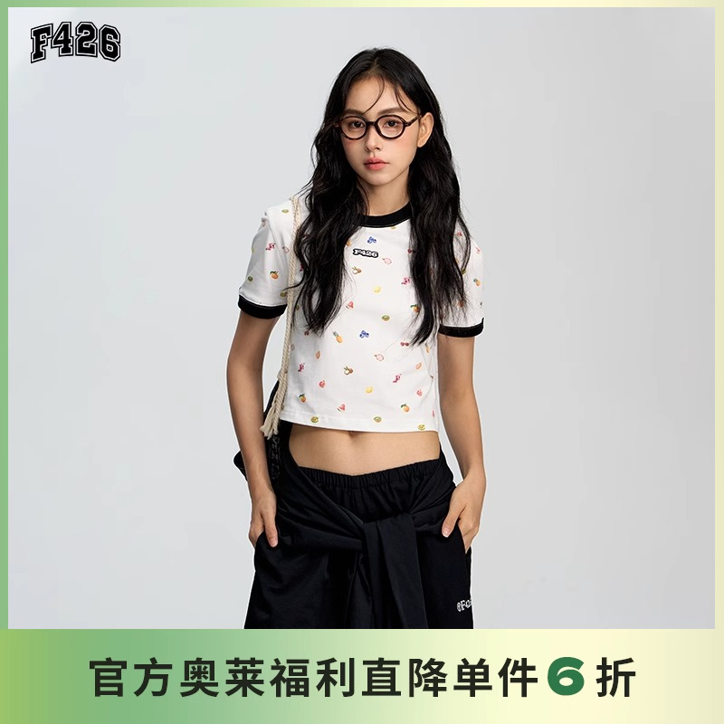 【F426官方店】国潮牌情侣宽松休闲彩点水果满印撞色短款短袖T恤