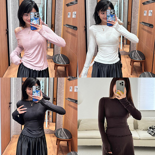 2025同款 Hold Tight女士紧身木耳边波浪卷边长袖T恤打底衫亨利衫