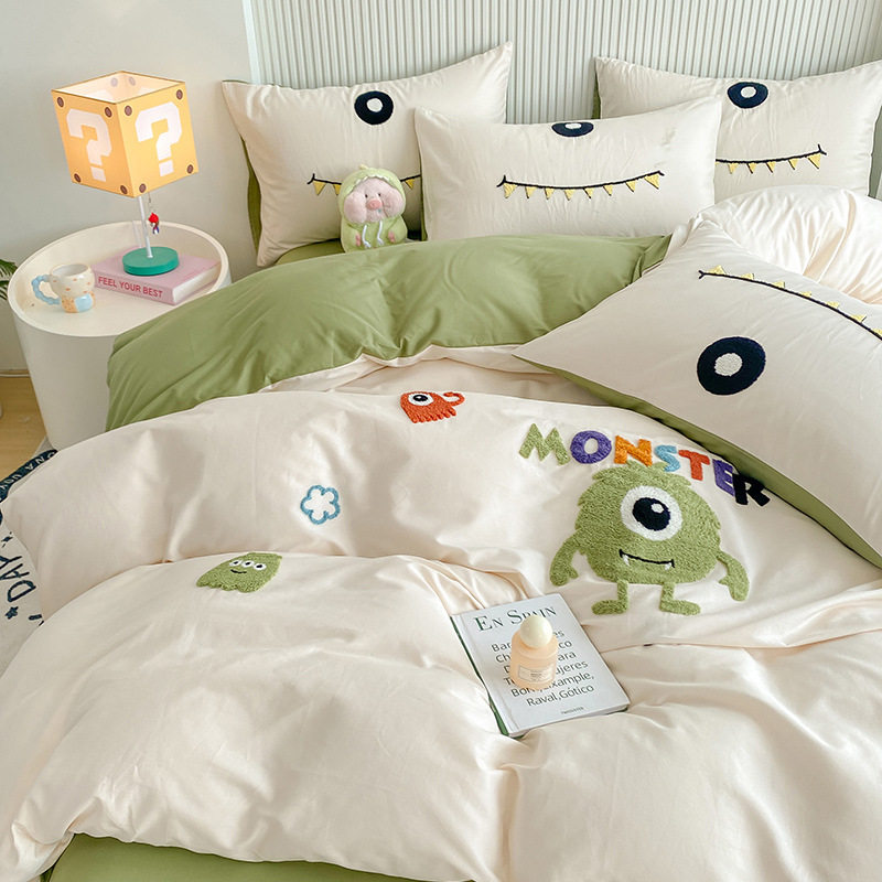 全棉毛巾绣四件套大版卡通纯棉床单被套床笠宿舍三件套4床上用品