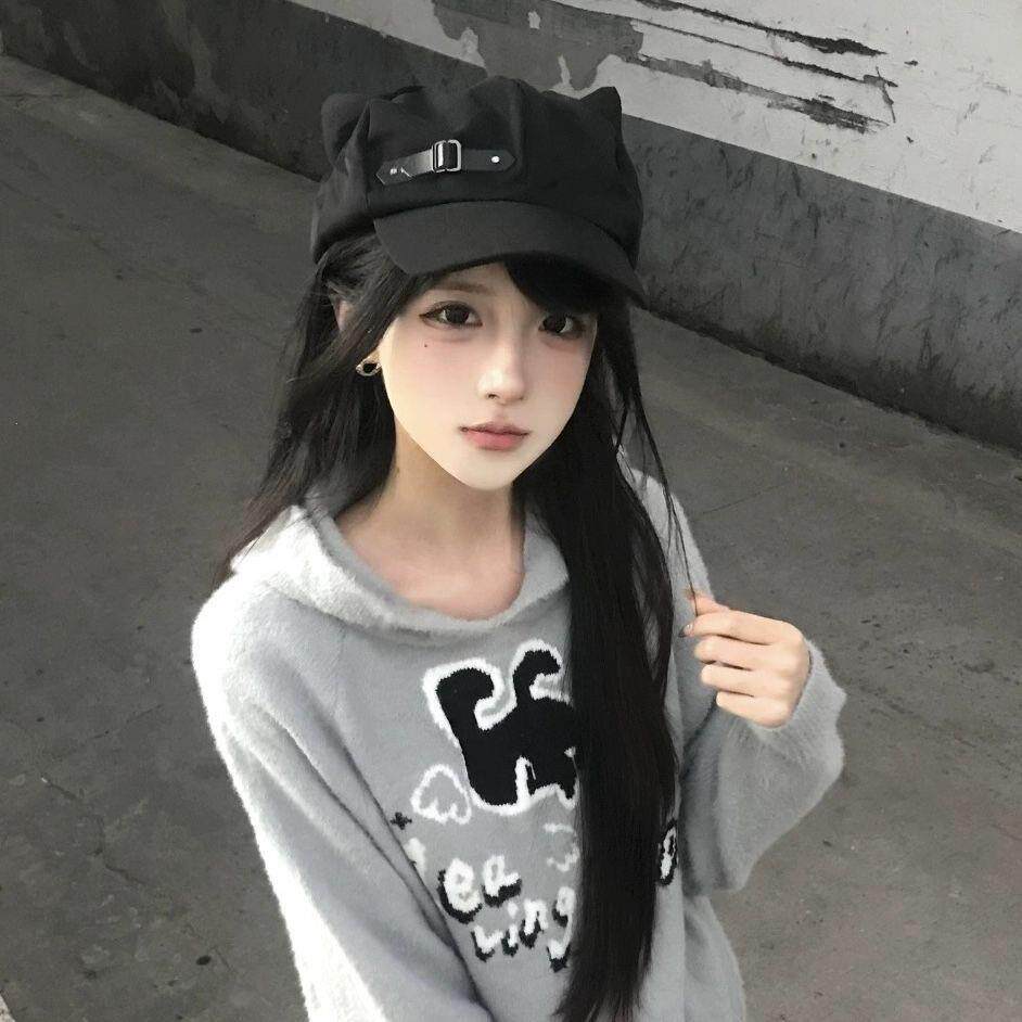 日系y2k爱心猫耳朵帽子帽二次元亚文化可爱皮扣鸭舌帽贝雷帽女生