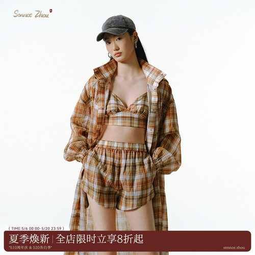 sennoszhou复古格纹长款风衣