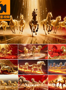 2026马年骏马群马奔腾奔跑金色粒子红金新年元旦LED背景视频素材