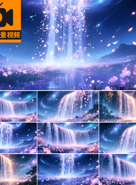 星空蓝色瀑布夜空星光花瓣飘落花海莲花荷花瀑布LED背景视频素材