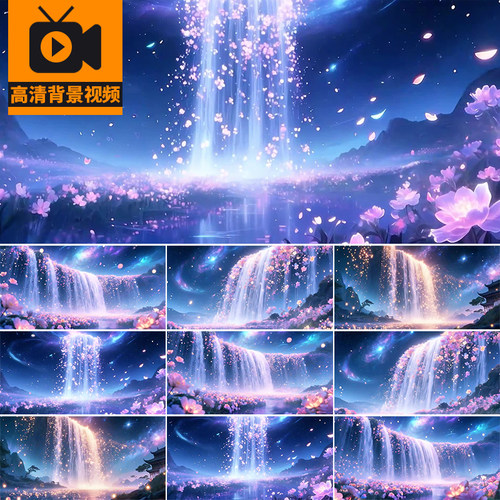 星空蓝色瀑布夜空星光花瓣飘落花海莲花荷花瀑布LED背景视频素材