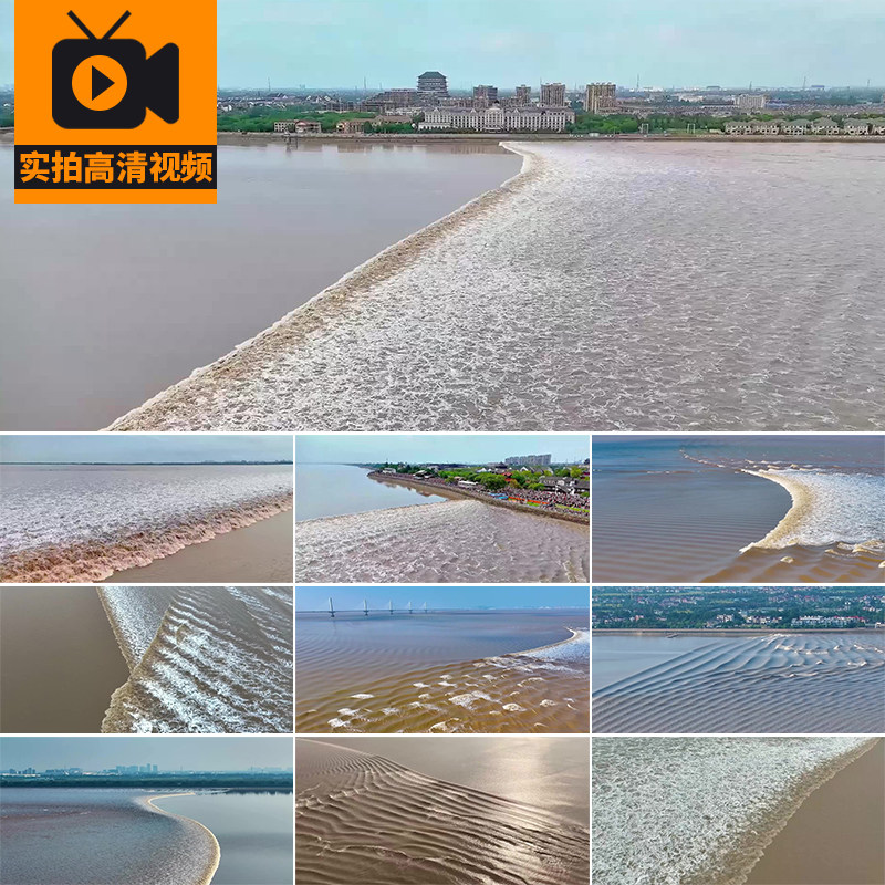 浙江杭州钱塘江大潮涨潮退潮涌动航拍潮汐树大海潮水奔腾视频素材