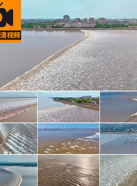 浙江杭州钱塘江大潮涨潮退潮涌动航拍潮汐树大海潮水奔腾视频素材