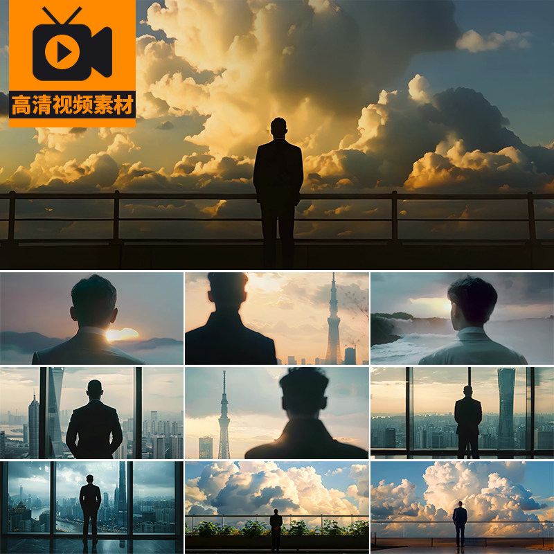 商务人物男人男士背影剪影商业会议西装成功人士展望未来视频素材