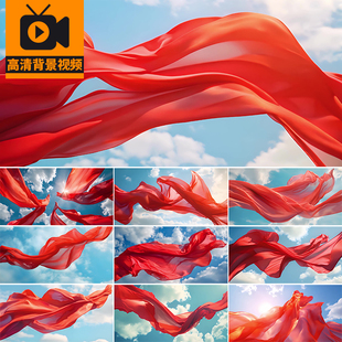 天空蓝天白云红绸丝绸红色飘带飘动飞舞爱国红歌LED背景视频素材