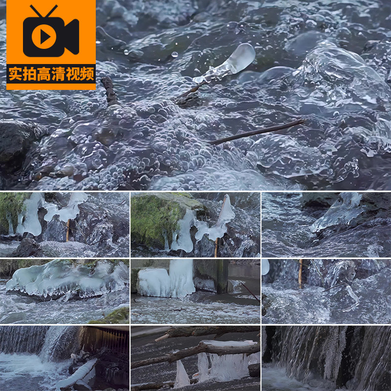 冰雪融化河流流水冰河流淌化雪溪流解冻冰挂小溪水流实拍视频素材