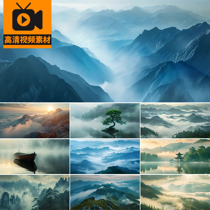 山水古风意境仙境云雾缭绕山谷河面湖面写意自然风景高清视频素材
