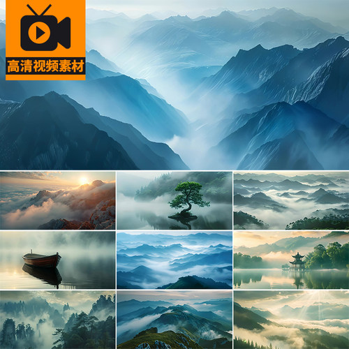 山水古风意境仙境云雾缭绕山谷河面湖面写意自然风景高清视频素材