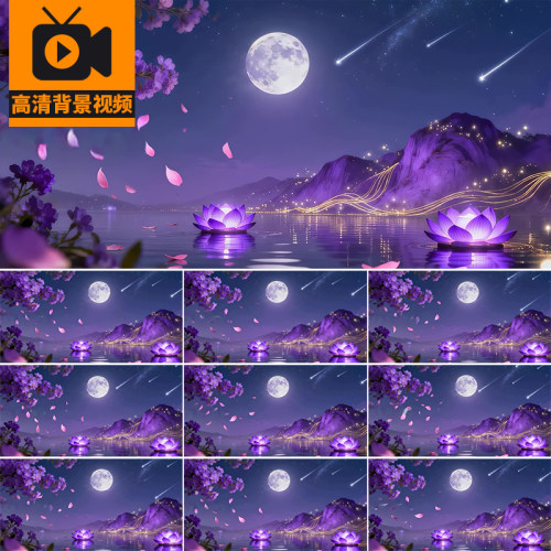 月下飞花瓣月亮荷塘莲花山水星空圆月色月光古风LED背景视频素材