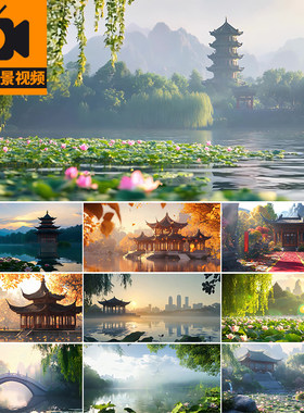 中国风杭州西湖古风景建筑四季变化风景亭子舞台LED背景视频素材