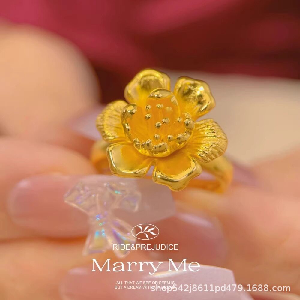 新款牡丹花朵镀金仿真黄金戒指结婚三金指环可调节女轻奢百搭戒指