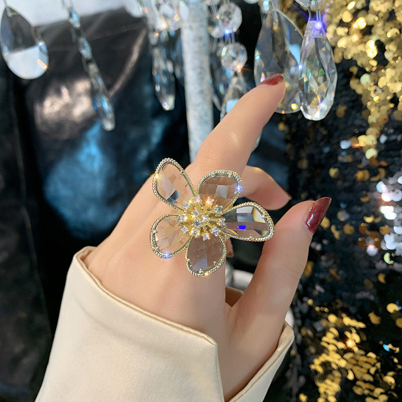 水晶花瓣夸张食指戒指女日系气质网红潮时尚个性开口指环装饰戒指