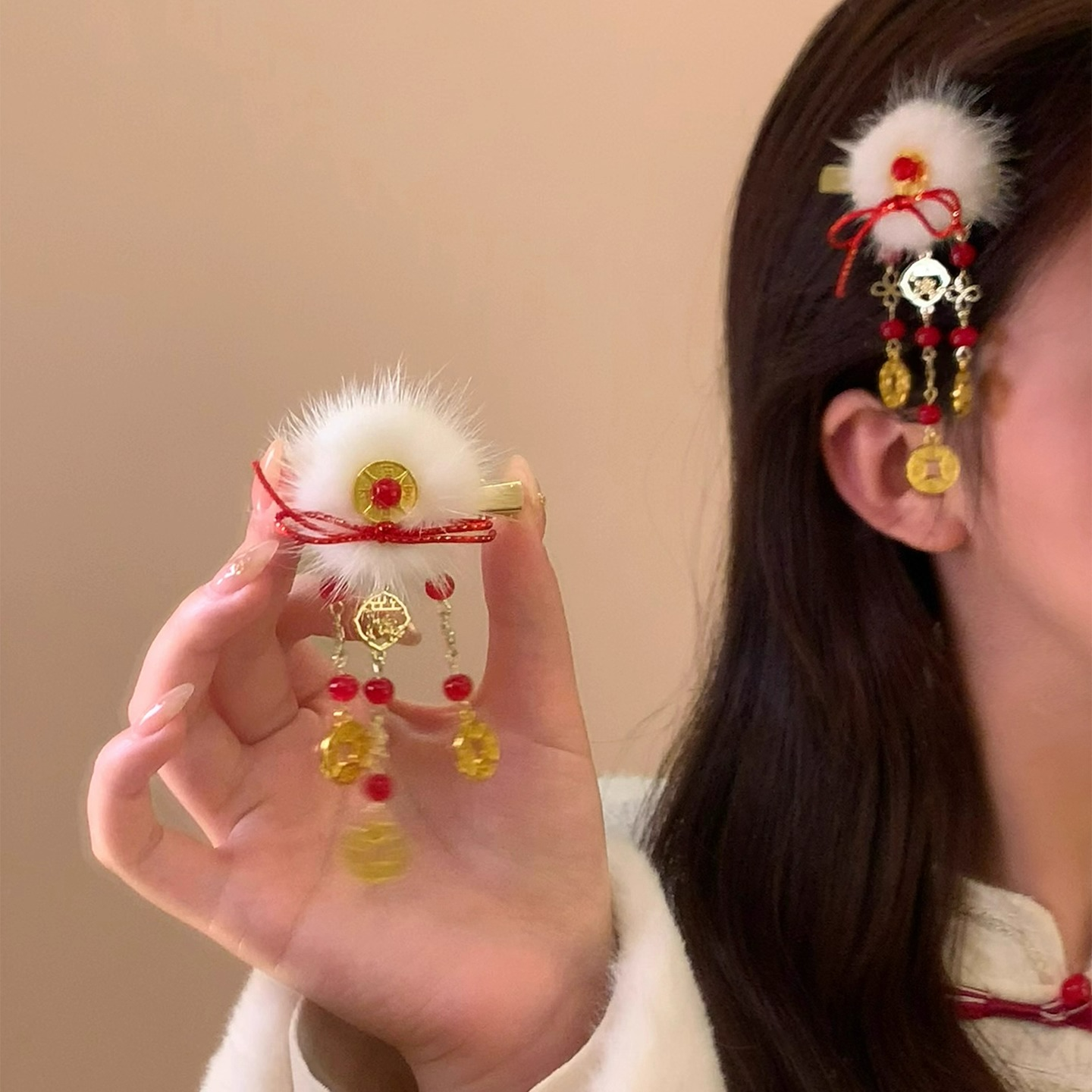 新年国风铜钱流苏发夹