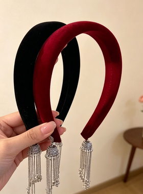 新中式红色丝绒流苏发箍高颅顶
