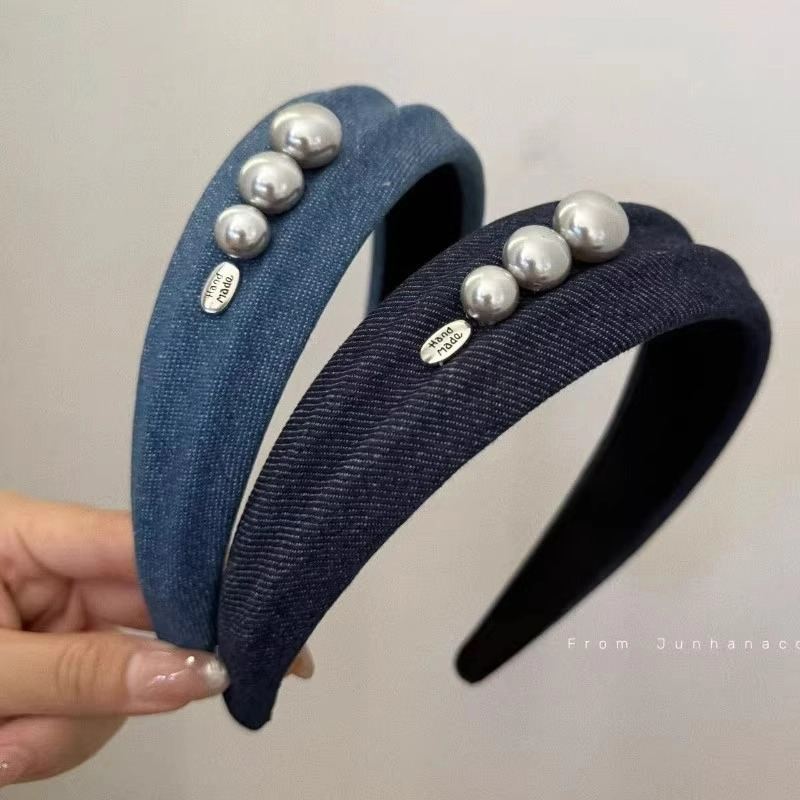 优雅灰珍珠宽面牛仔发箍
