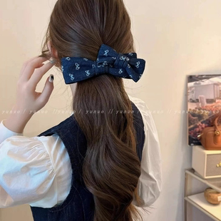 韩系气质牛仔蝴蝶结大号弹簧夹头饰发夹女2025新款高端抓夹后脑勺