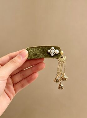 新中式绿丝绒珍珠闪钻大号BB夹
